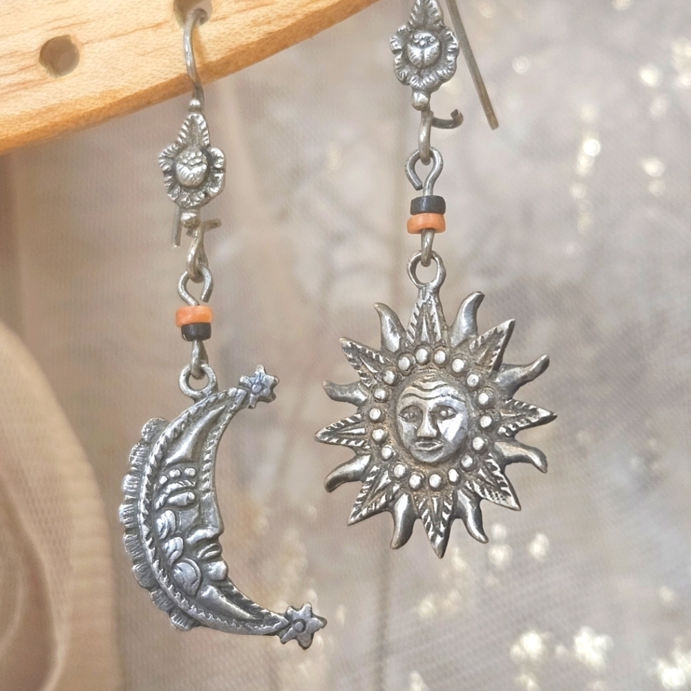 Vintage Sun & Moon Sterling Silver Dangle Beaded 925 Earrings